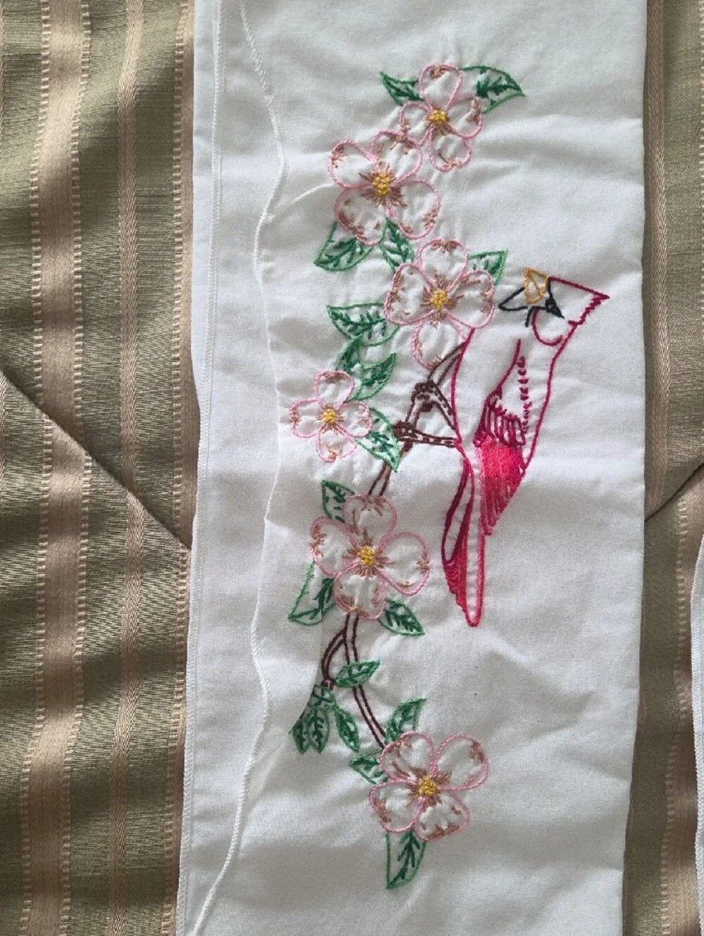 Hand Embroidered Bird & Floral White Standard Pillow Cases Vintage